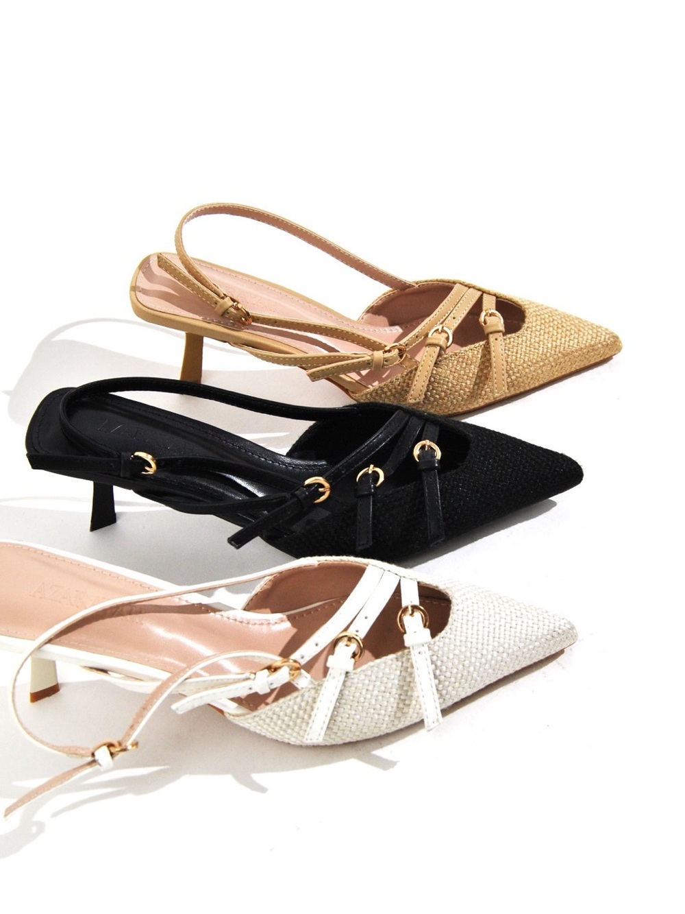 Azarayah Beige Woven Pointed-Toe Strappy Slingback Kitten Heel
